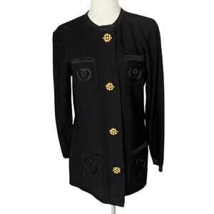 Vintage Steve Fabrikant Black Santana Knit Cardigan Jacket Gold Button Medium